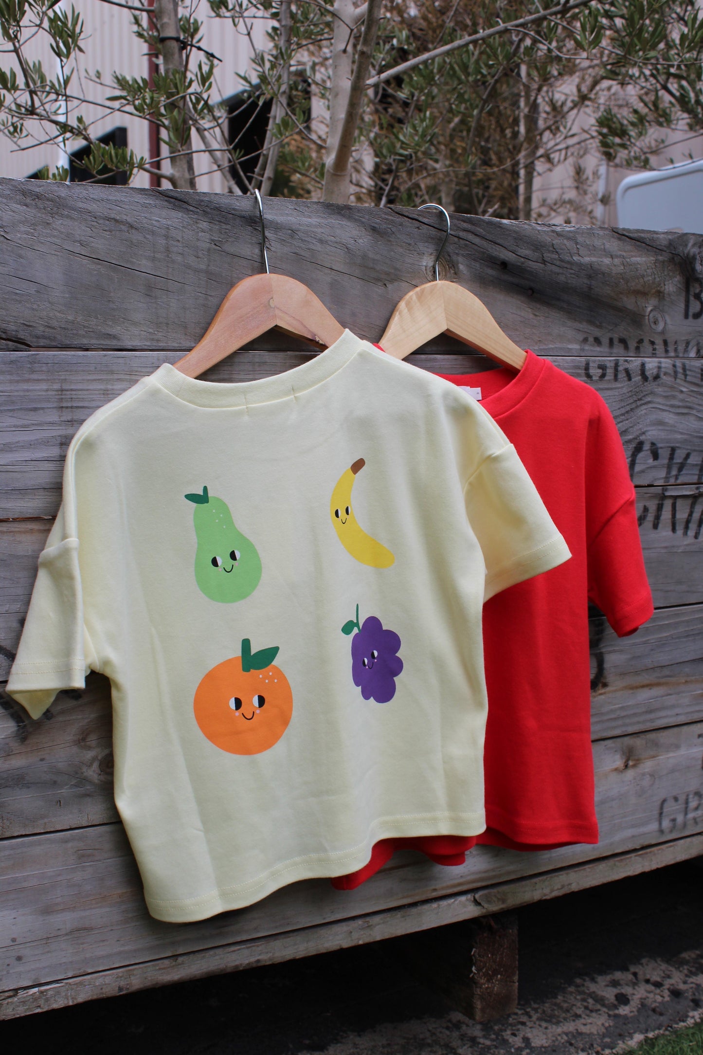 kids tshirt with graphic printed fruits of banana, pear, orange and bunch of grapesm