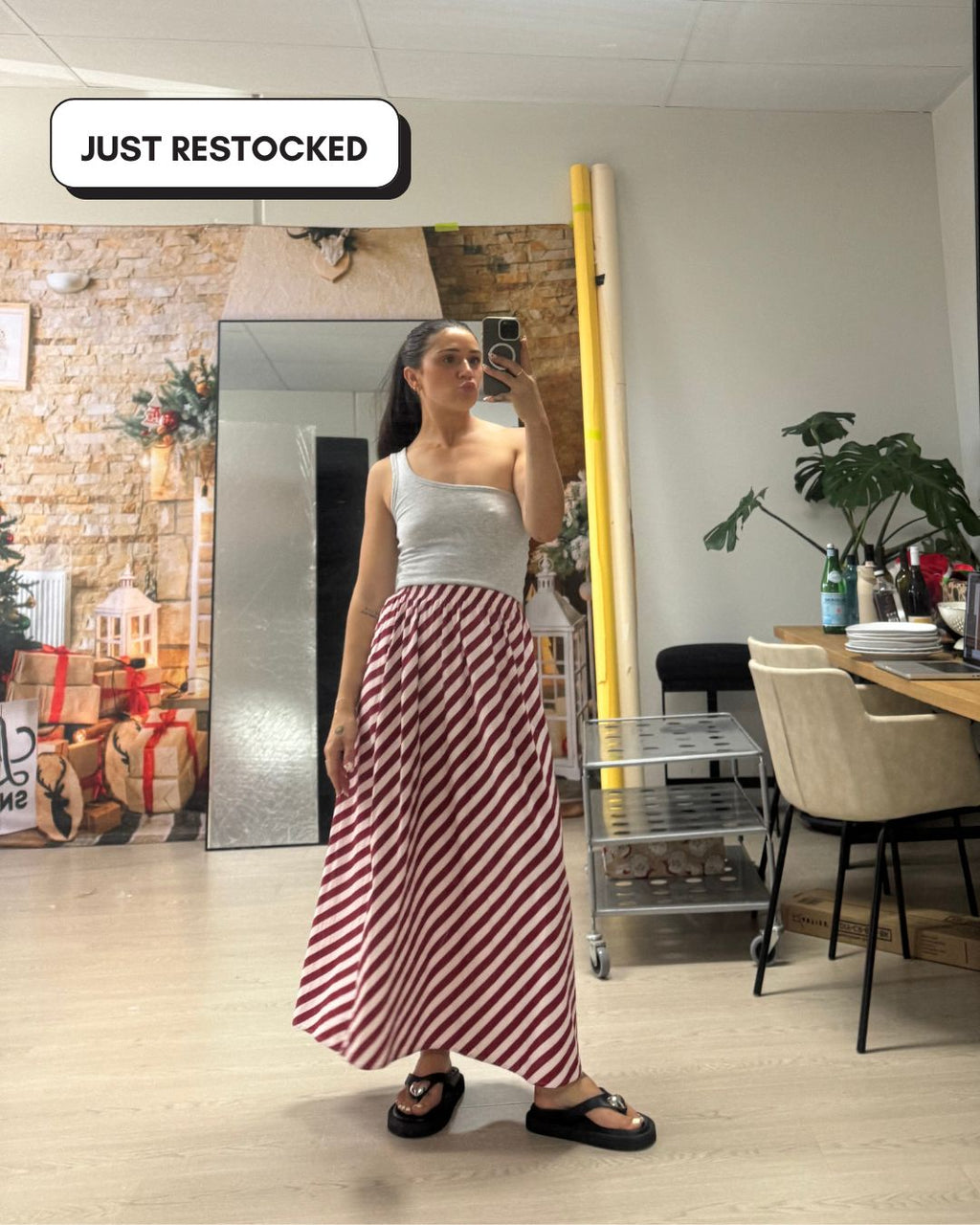 Women's Red Striped Maxi Skirt