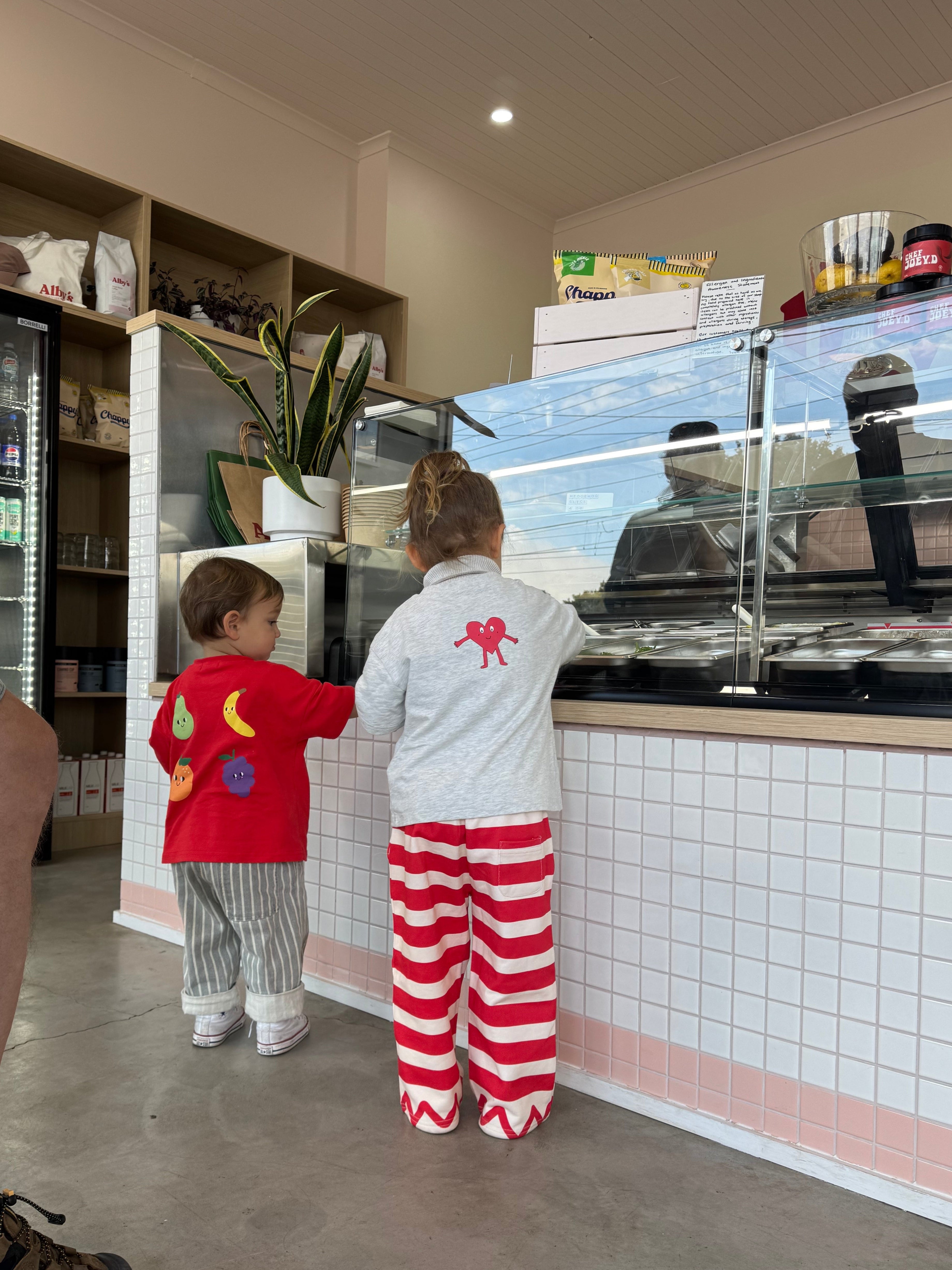red striped pants kids, cool kids pants, cool pants for kids, fruit tee, mamas baby tee, matching tees