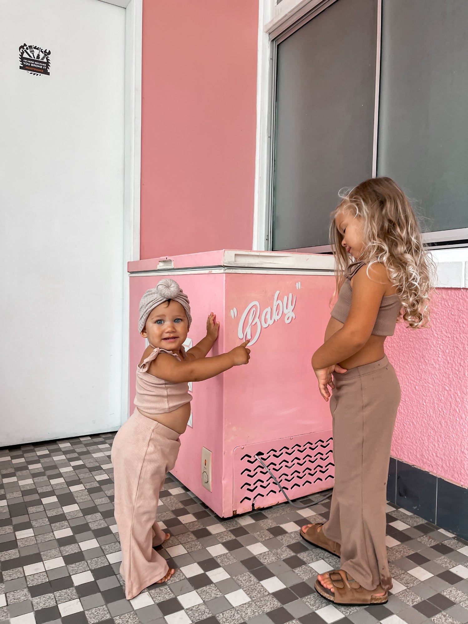 girls ribbed pants and crop top set, brown and pink girls set